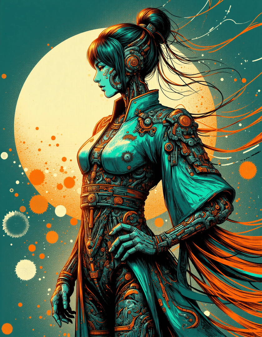 AI generated wallpaper featuring cyborg, woman, robot