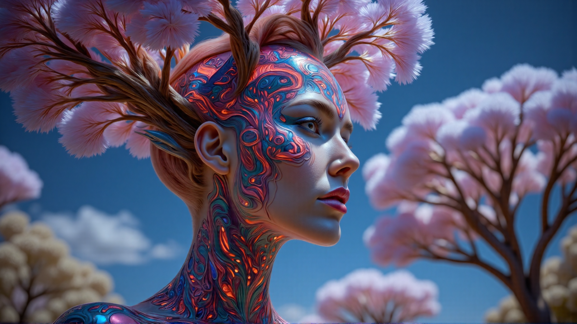 AI generated wallpaper featuring woman, tree, cherry blossom, neon, art