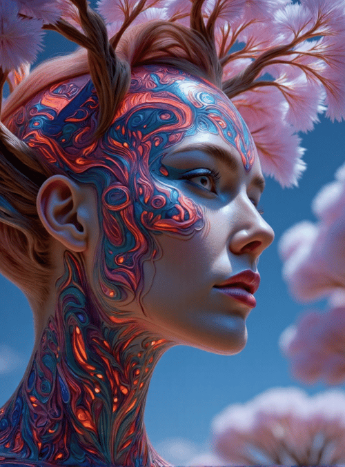woman, tree, cherry blossom, neon, art