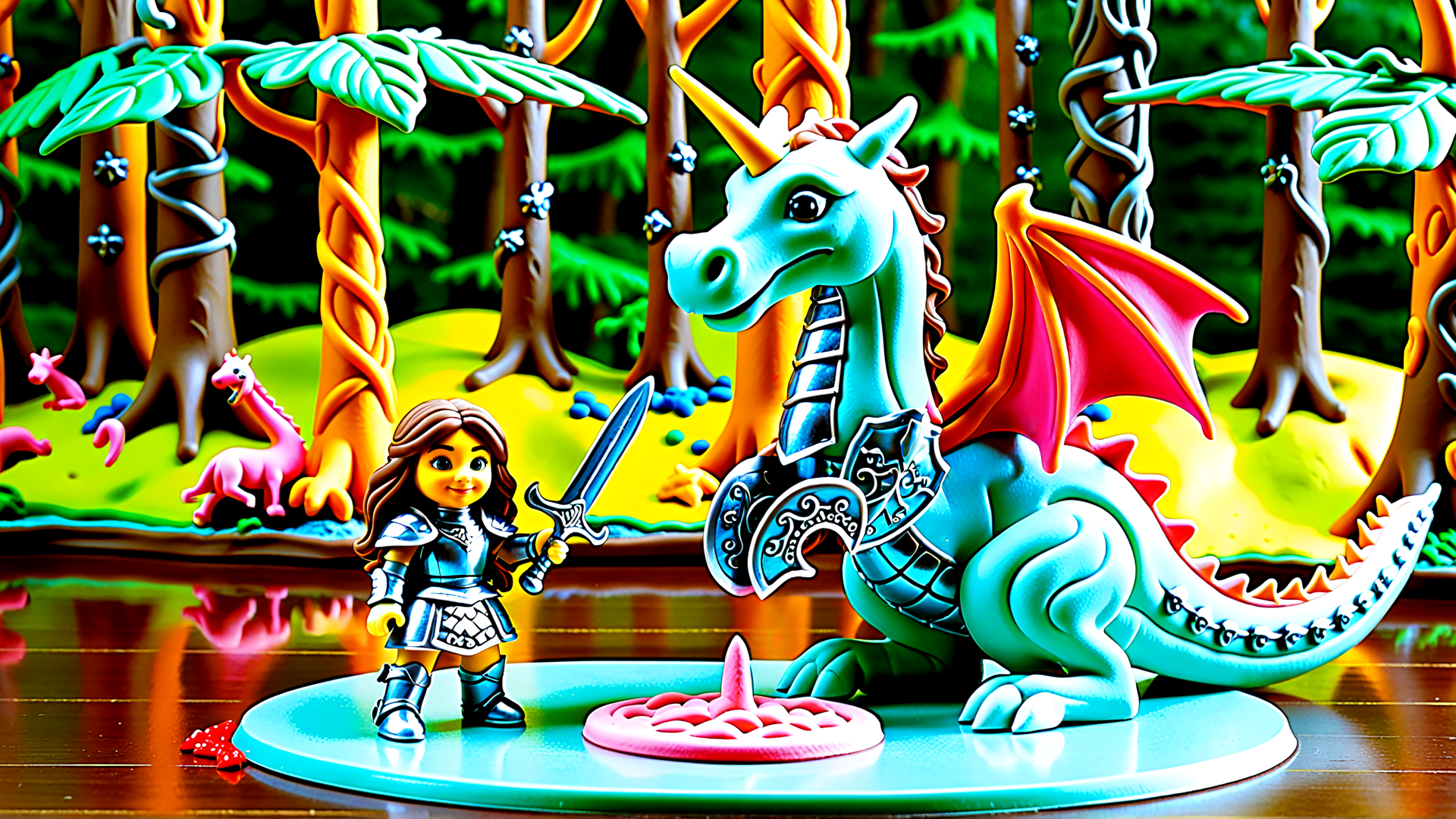 AI generated wallpaper featuring dragon, knight, forest, trees, sword, unicorn, giraffe