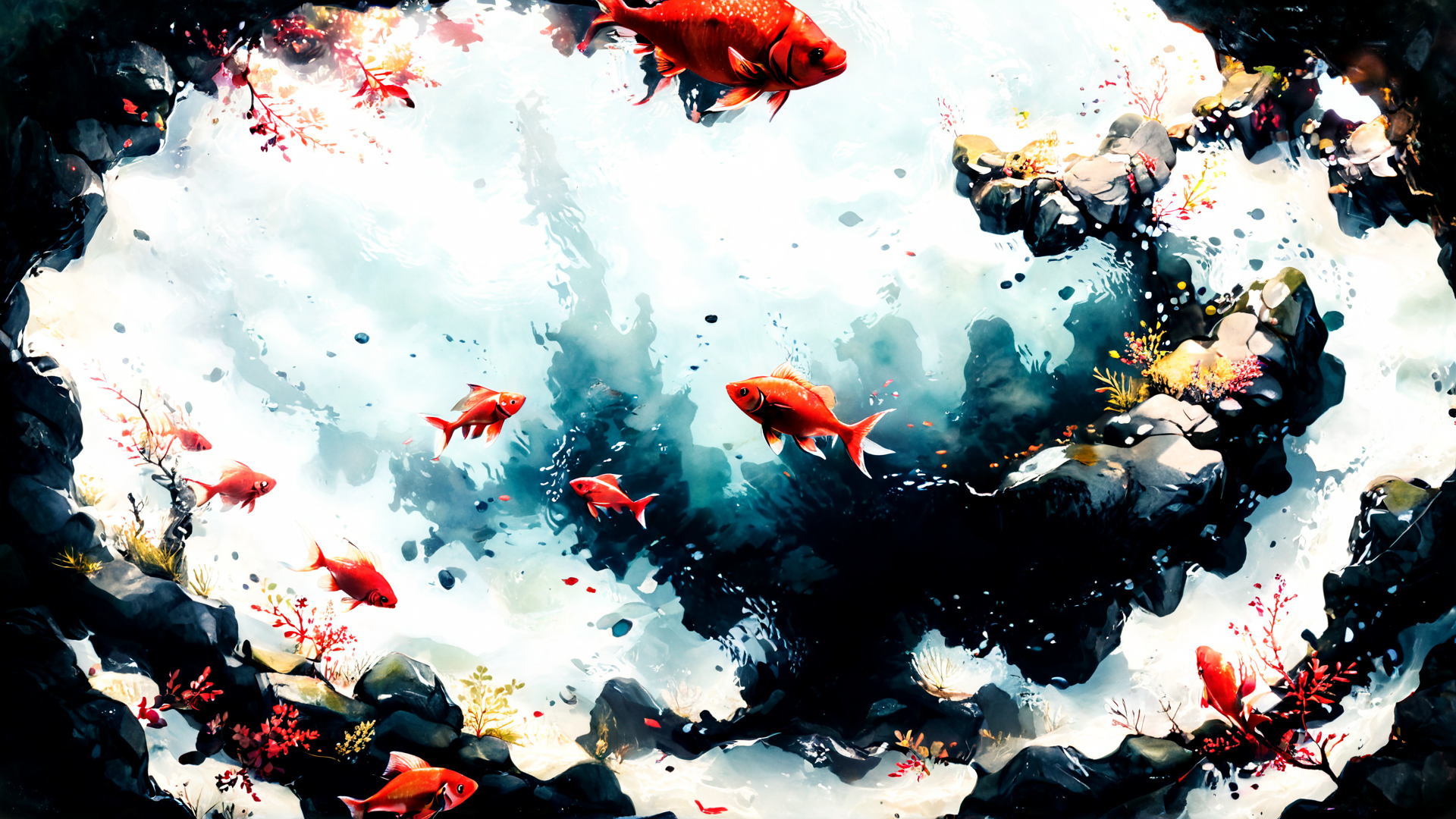 AI generated wallpaper featuring fish, coral, rocks