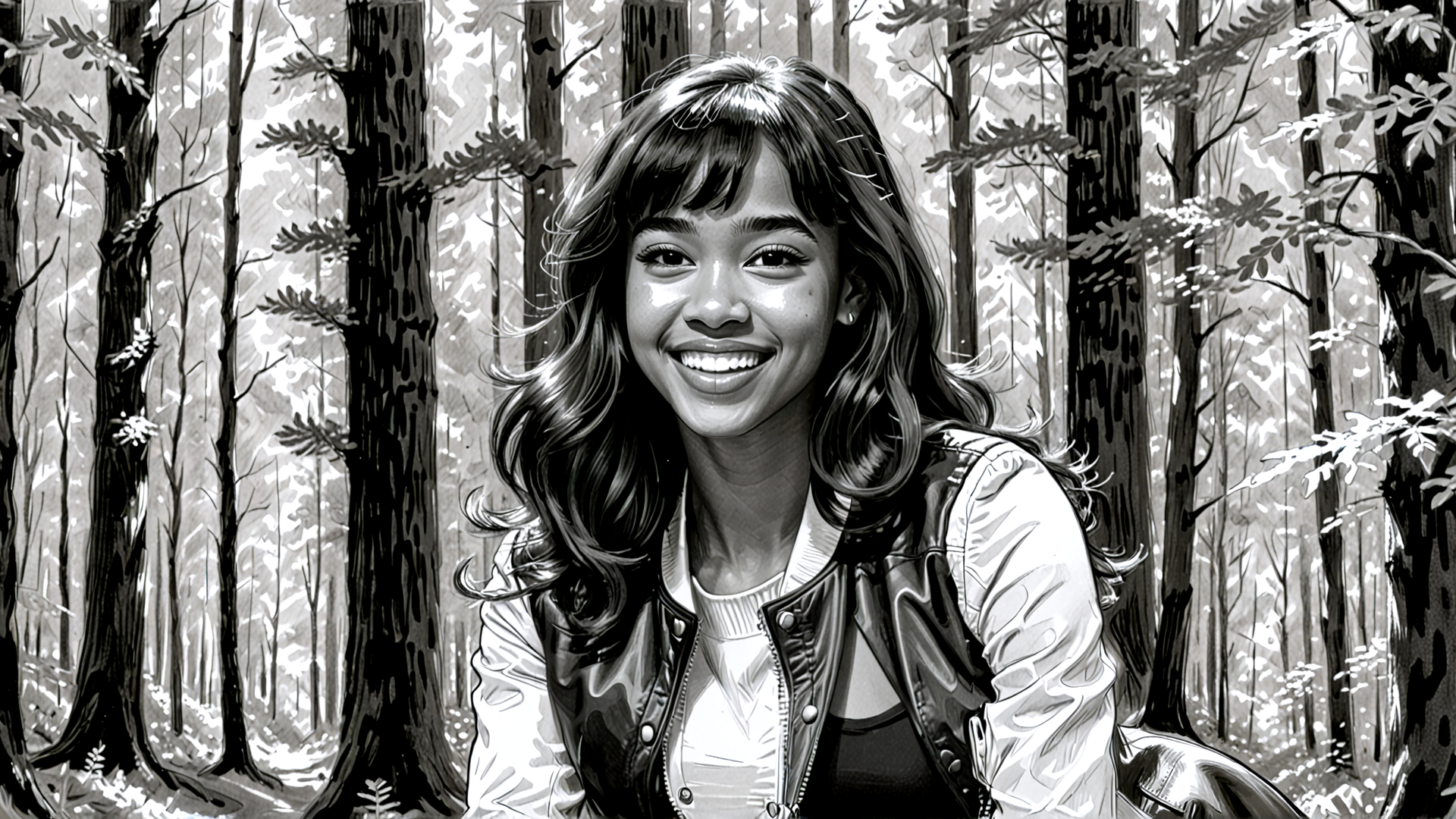 AI generated wallpaper featuring woman, forest, trees, jacket, smile, hair