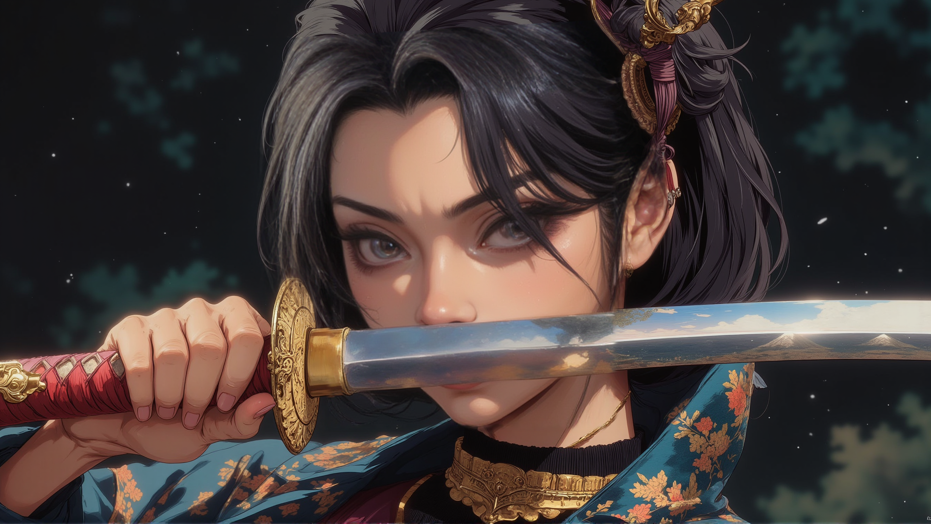 AI generated wallpaper featuring samurai, woman, sword