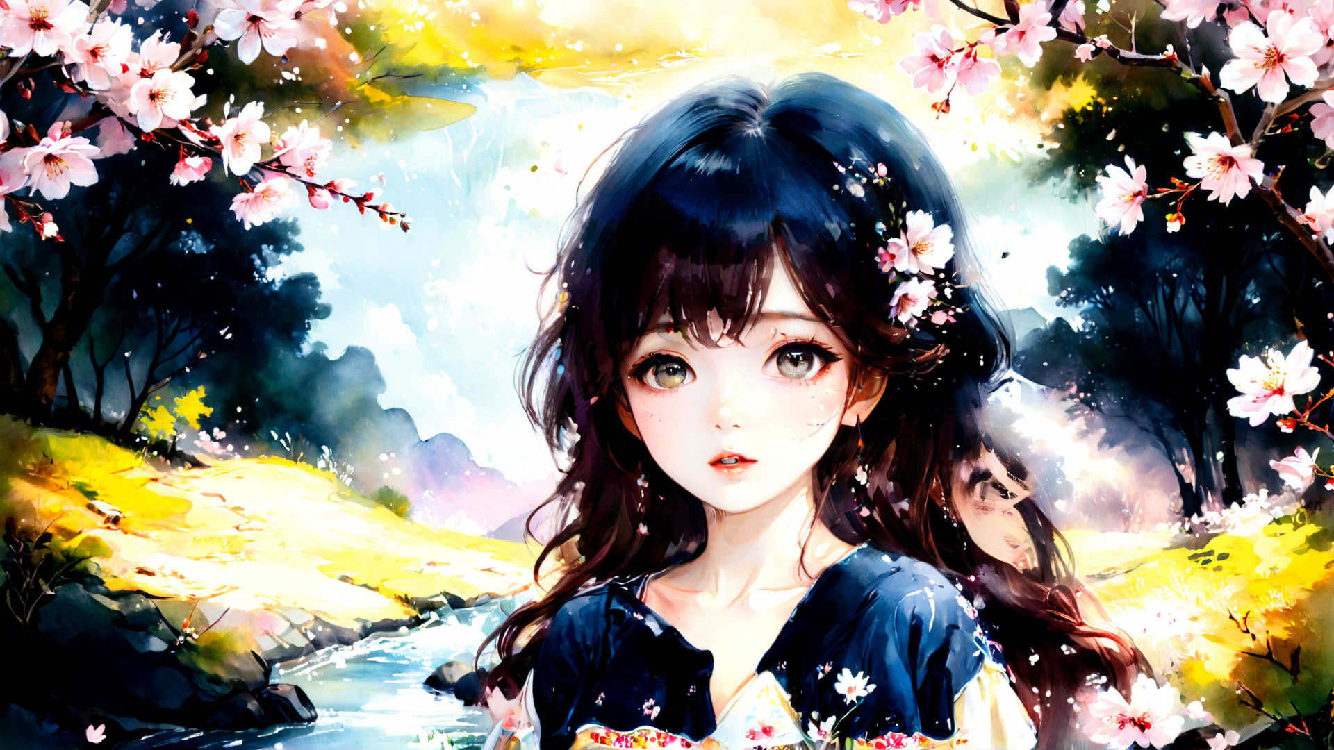 AI generated wallpaper featuring girl, cherry blossom, river