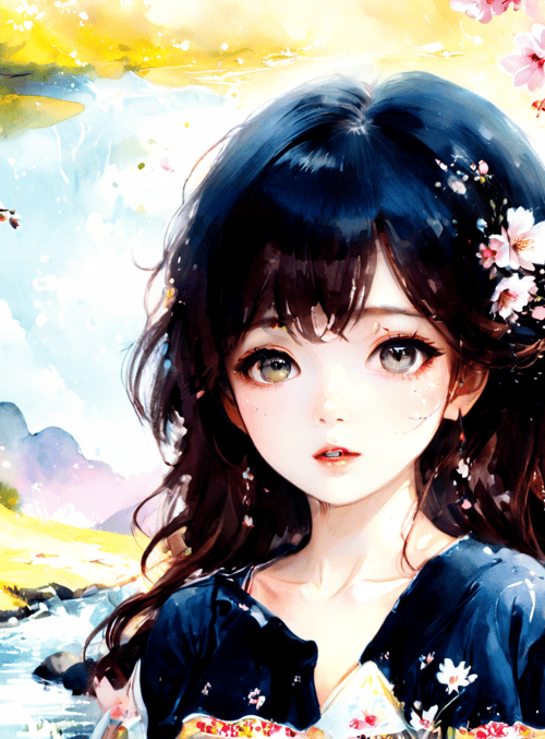 girl, cherry blossom, river