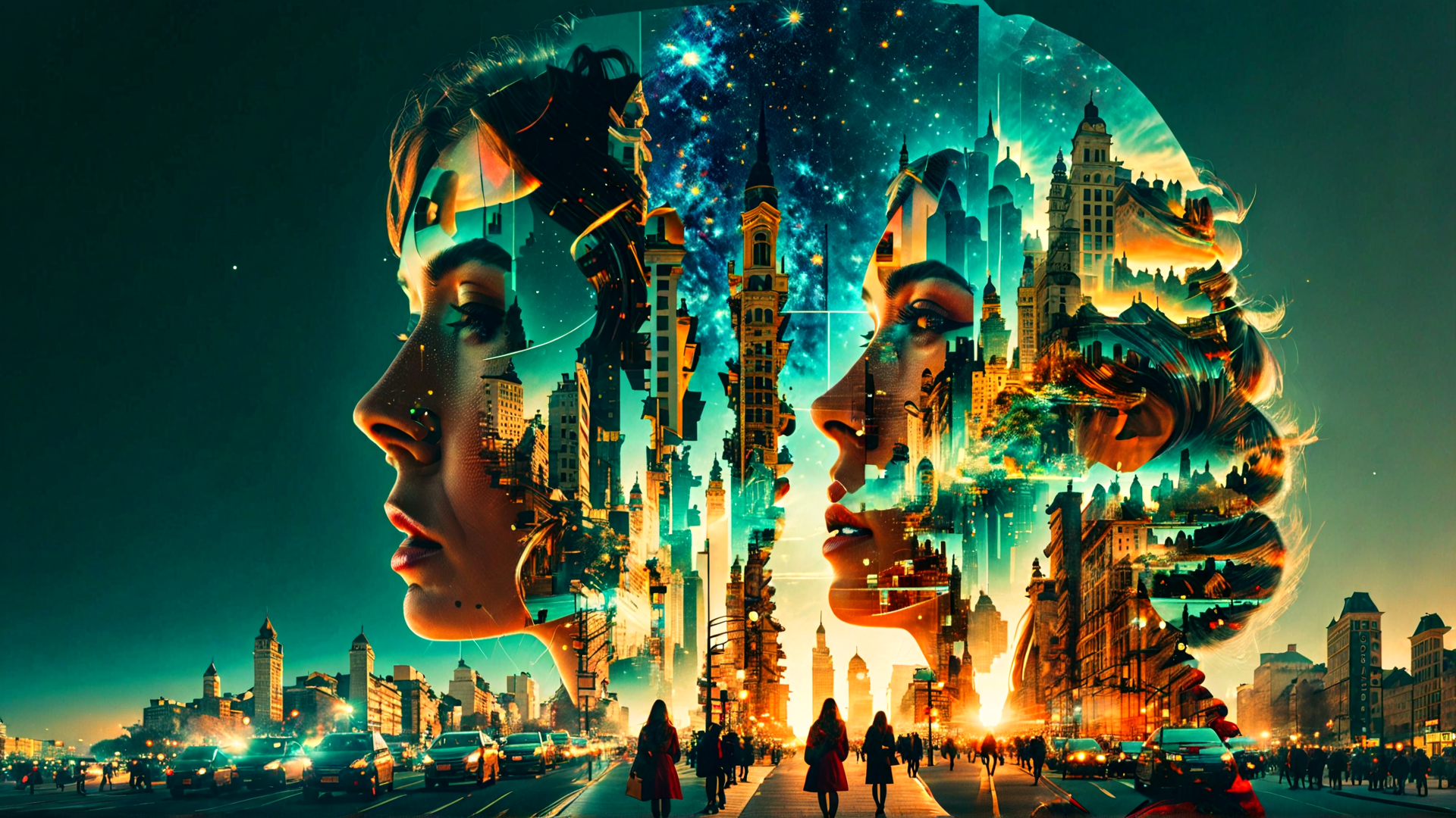 AI generated wallpaper featuring city, woman, buildings, stars, street, people, skyline, sunset, neon, architecture