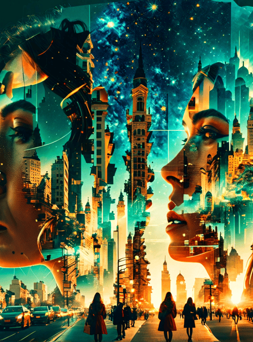 city, woman, buildings, stars, street, people, skyline, sunset, neon, architecture