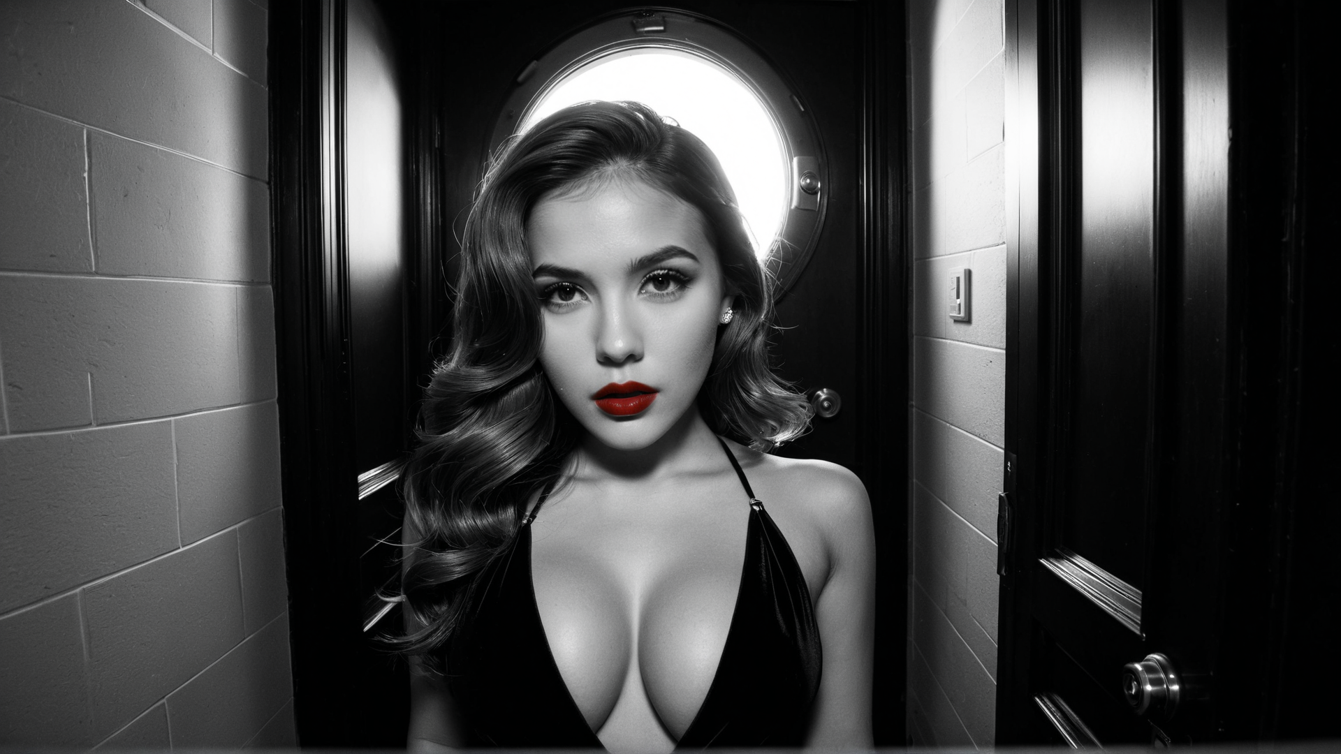 AI generated wallpaper featuring woman, door, light, hair, dress