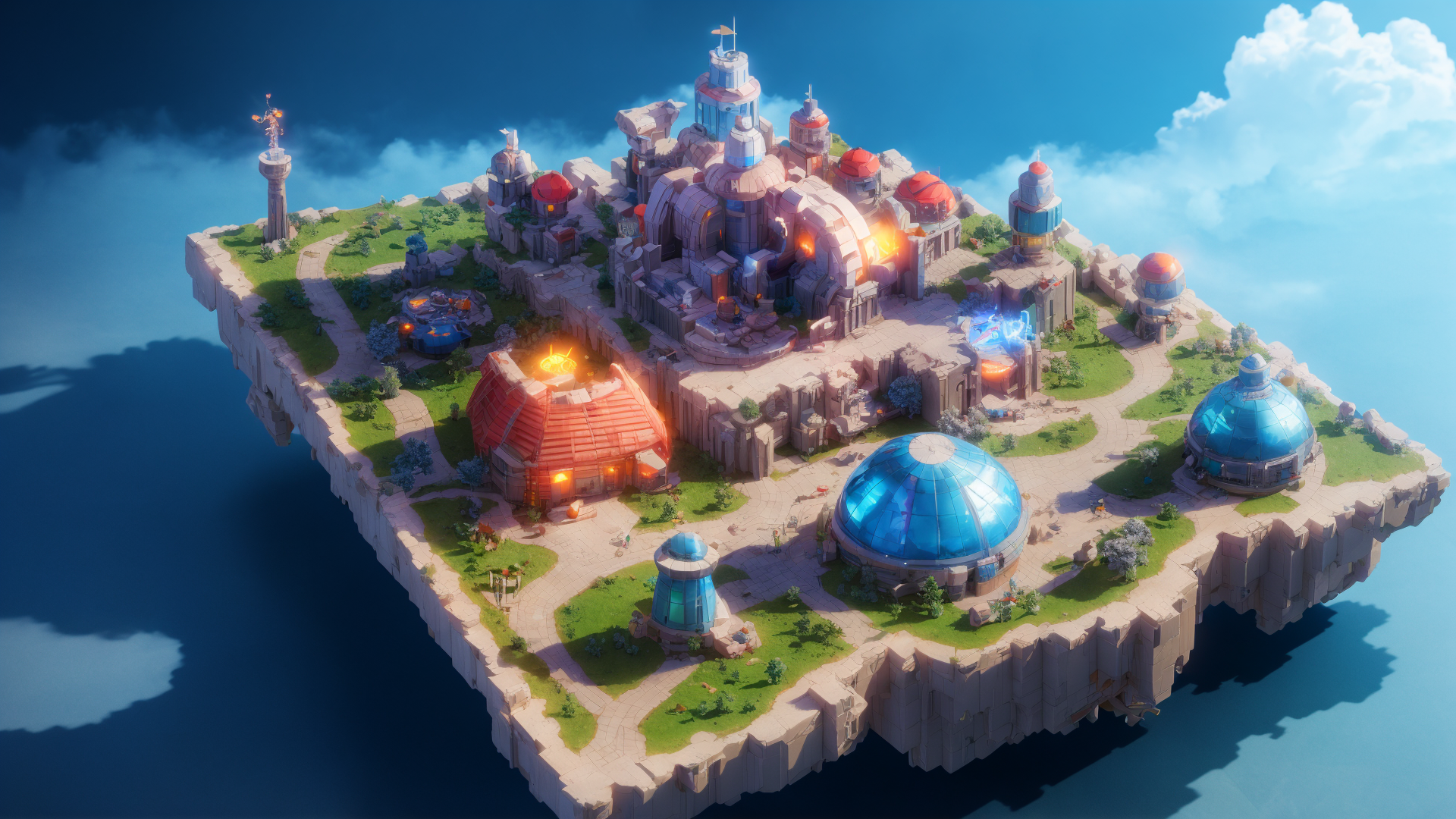 AI generated wallpaper featuring floating island, city, buildings