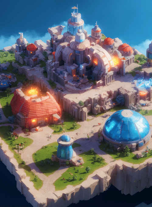 floating island, city, buildings