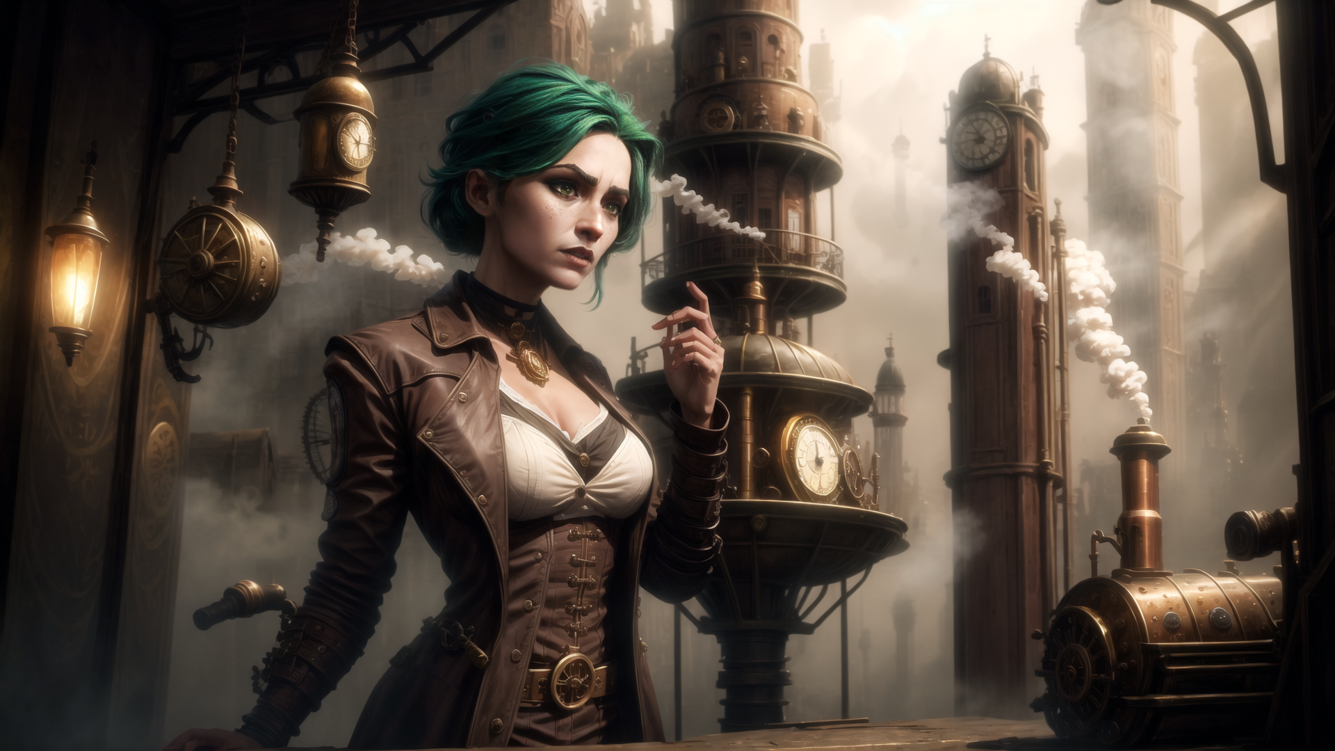 AI generated wallpaper featuring woman, steampunk, clock