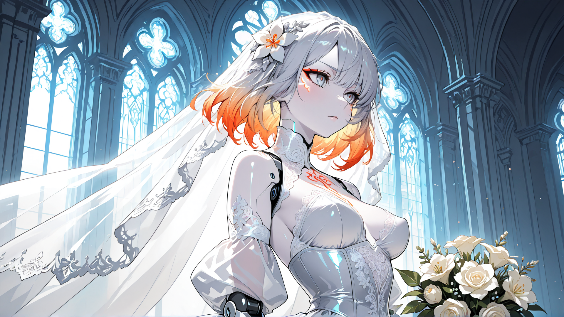 AI generated wallpaper featuring bride, anime girl, robot, wedding dress, veil, flowers