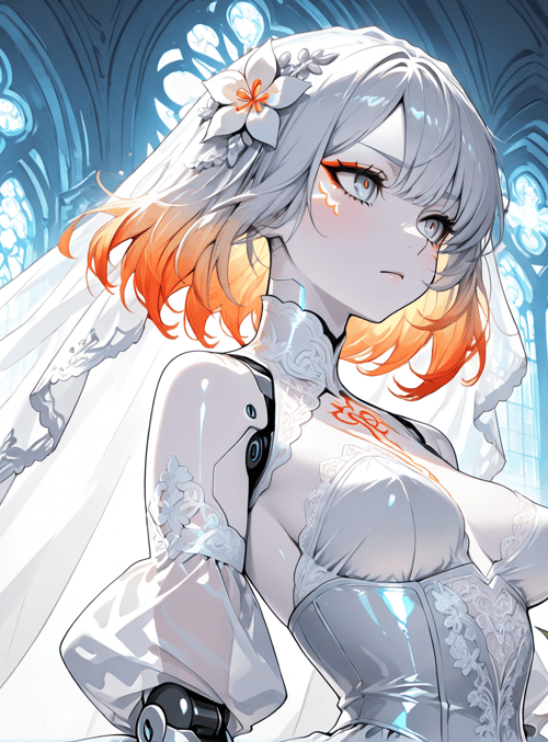 bride, anime girl, robot, wedding dress, veil, flowers