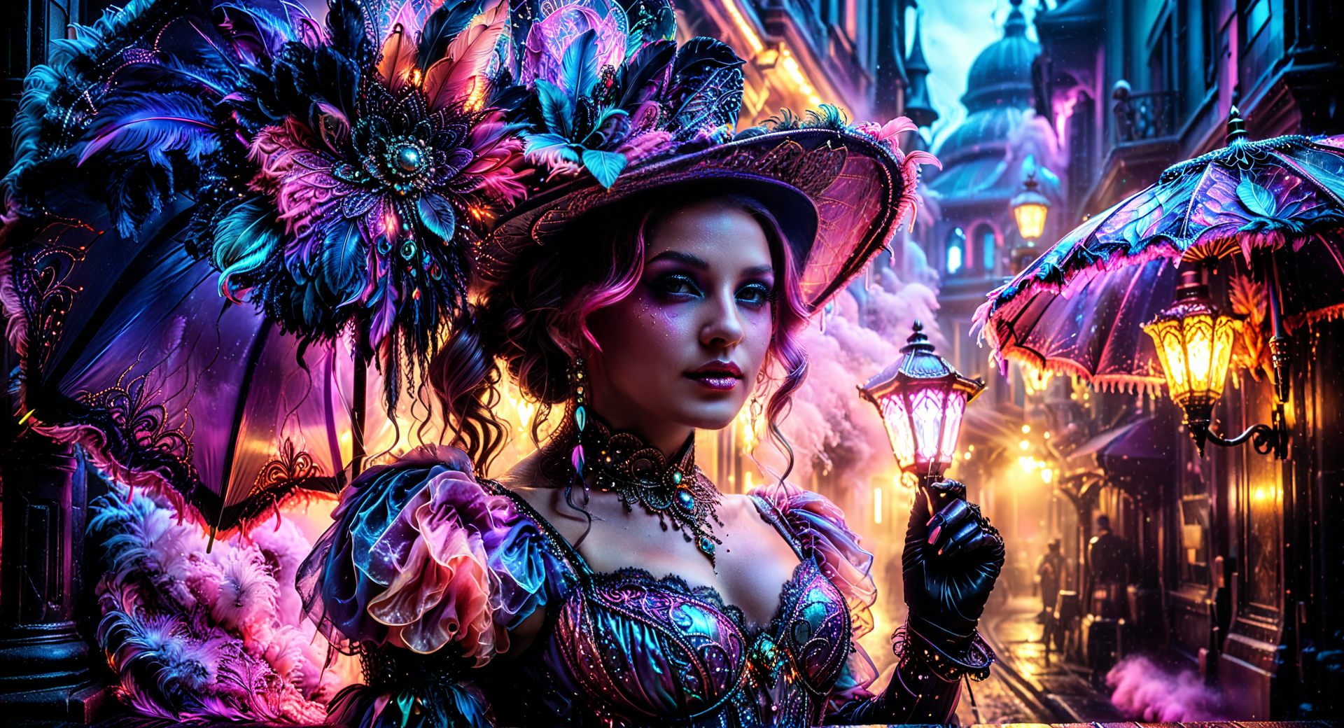AI generated wallpaper featuring woman, umbrella, city