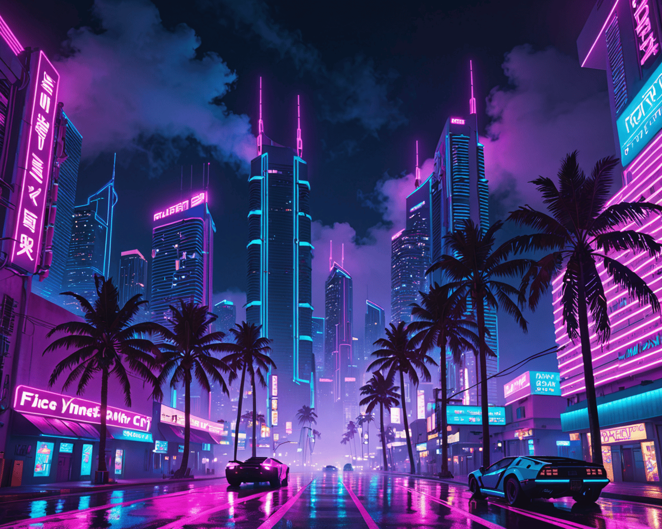 AI generated wallpaper featuring city, cars, palm trees