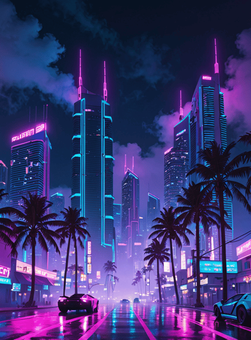 city, cars, palm trees