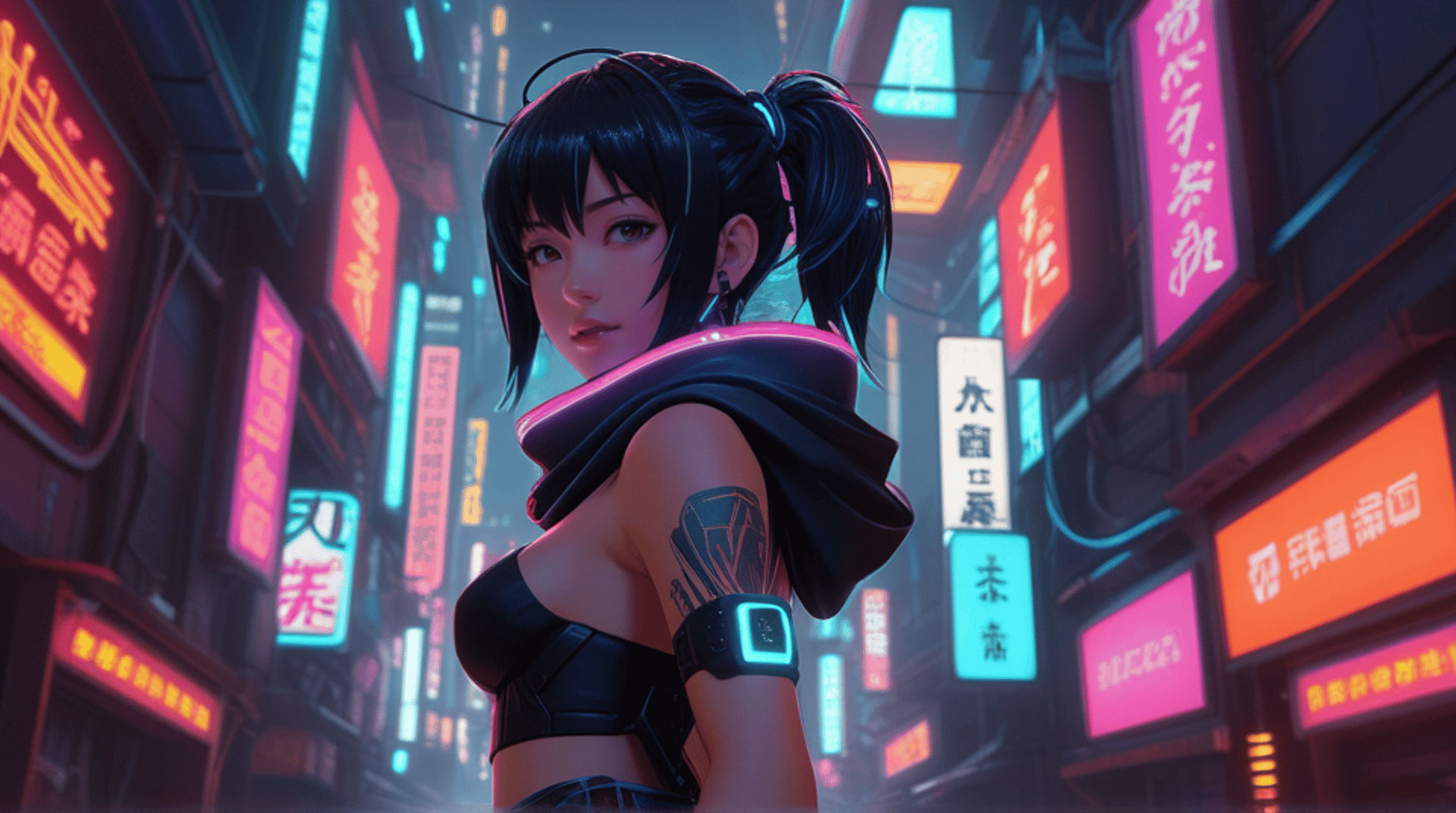 AI generated wallpaper featuring cyberpunk girl, neon city, futuristic street