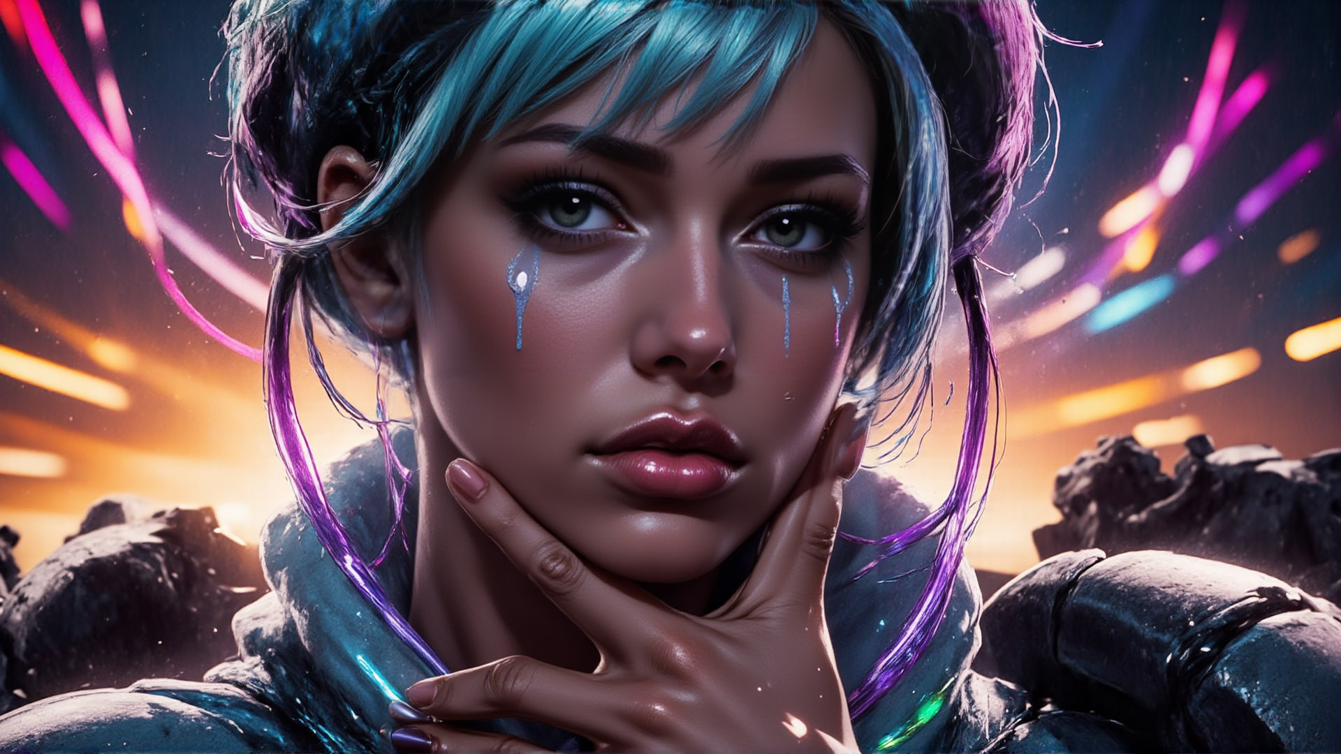 AI generated wallpaper featuring woman, cyberpunk, teardrop