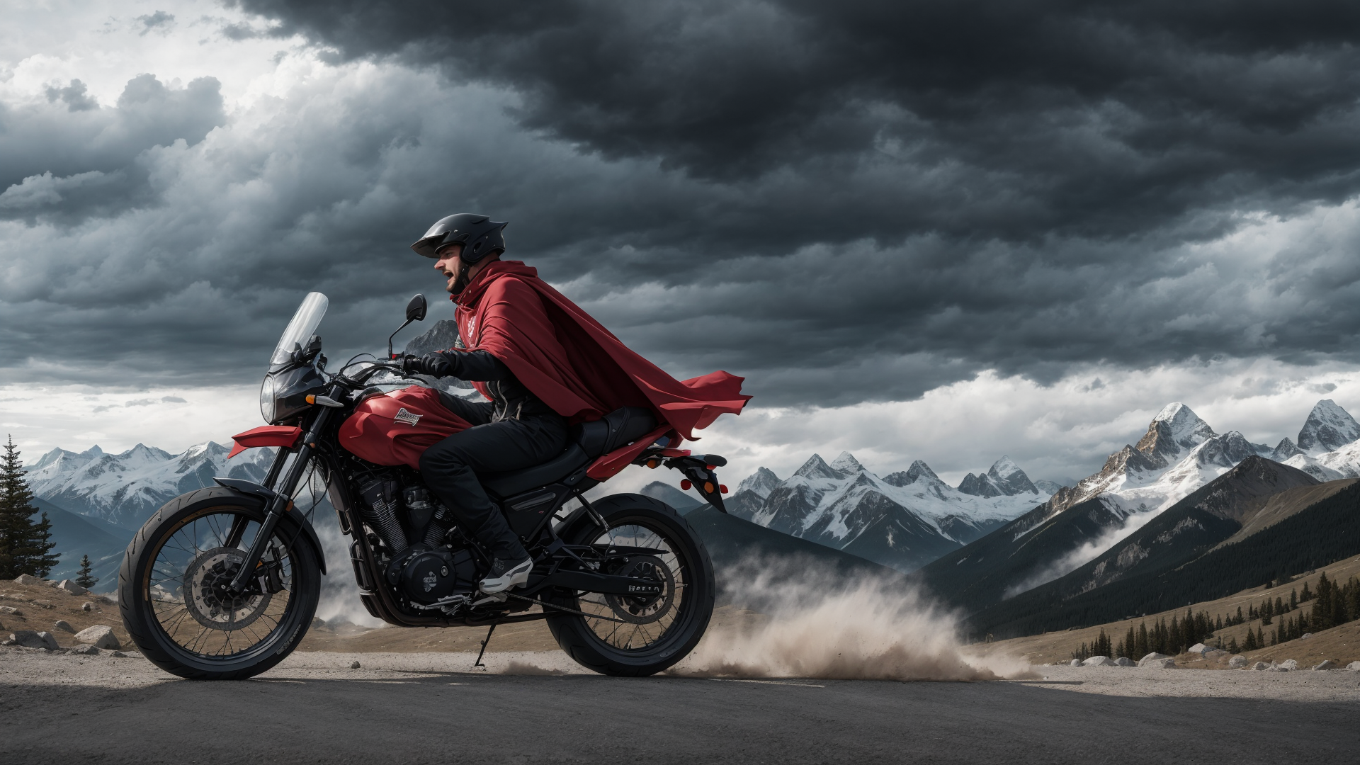 AI generated wallpaper featuring motorcyclist, motorcycle, mountains