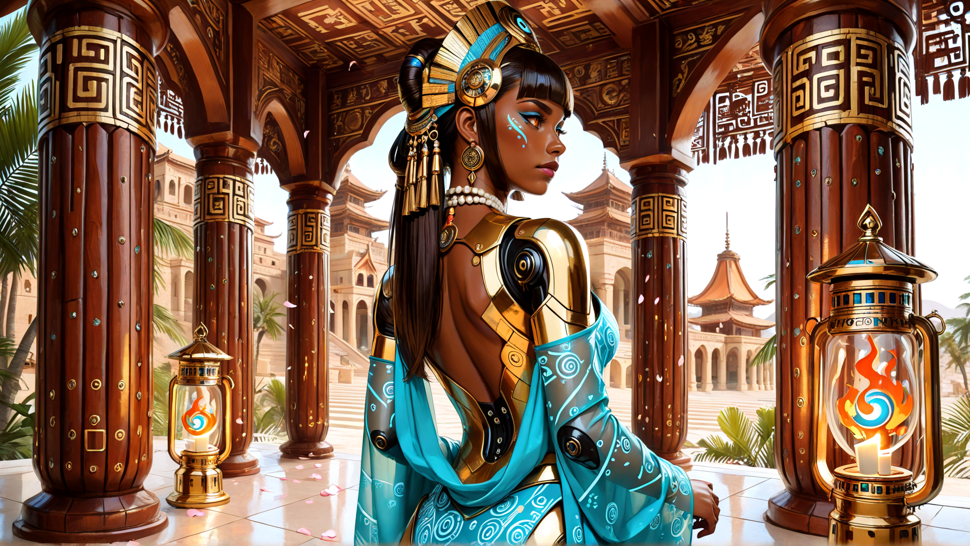AI generated wallpaper featuring woman, lantern, column, archway, armor, dress, jewelry, building, garden, fire