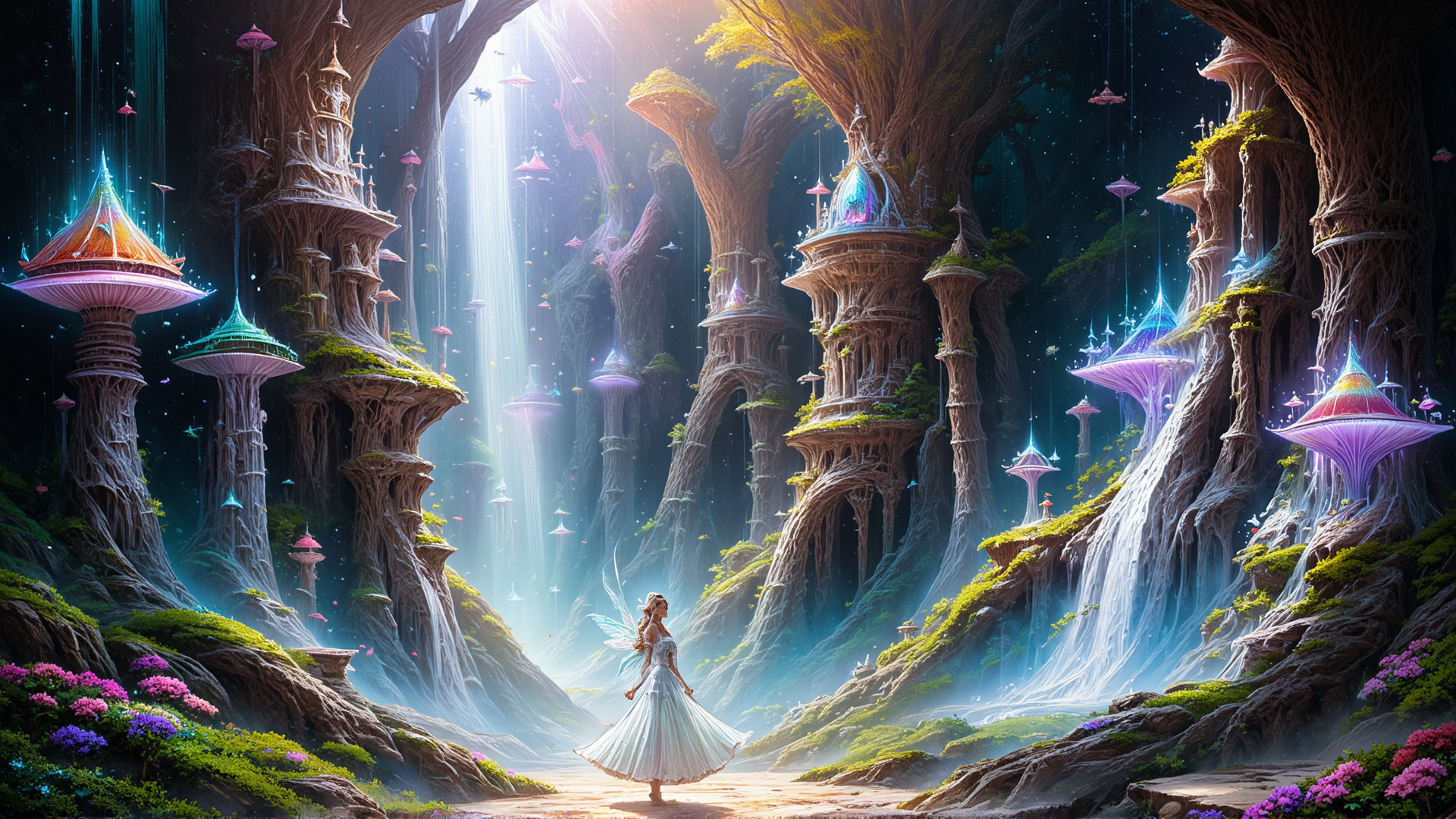 AI generated wallpaper featuring fairy, giant tree, cave, castle, mushroom, waterfall, light, flower, path