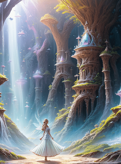 fairy, giant tree, cave, castle, mushroom, waterfall, light, flower, path
