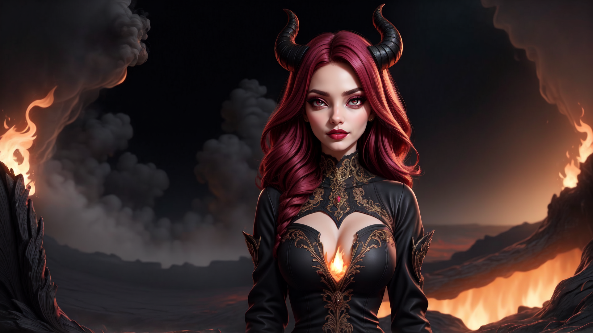 AI generated wallpaper featuring devil, woman, horns, fire, smoke