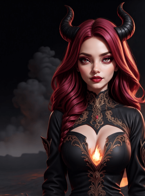 devil, woman, horns, fire, smoke