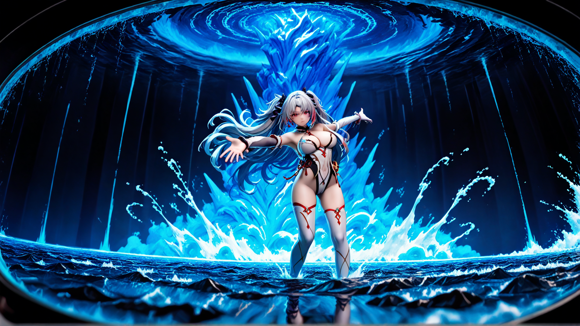 AI generated wallpaper featuring anime girl, water, ice, crystal, fashion, swirl, splash, gloves, hair, wet