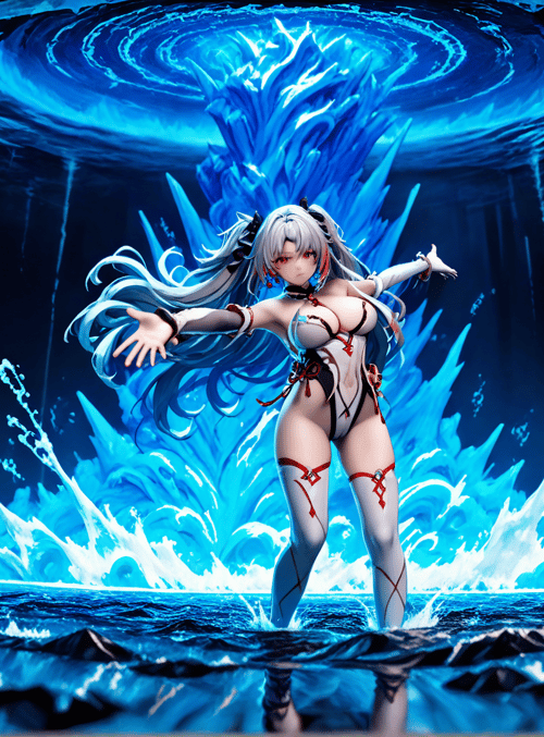 anime girl, water, ice, crystal, fashion, swirl, splash, gloves, hair, wet