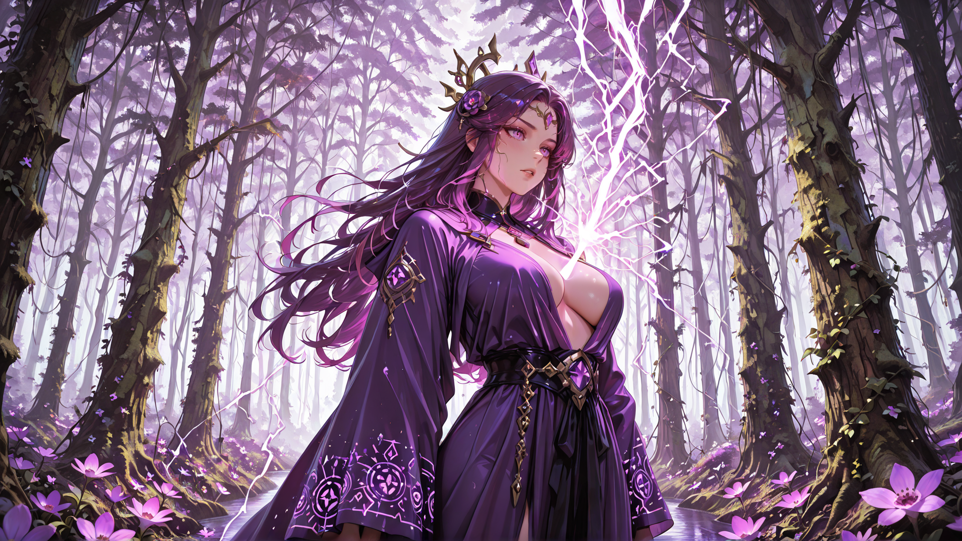 AI generated wallpaper featuring witch, forest, lightning, woman, dress, flowers, trees