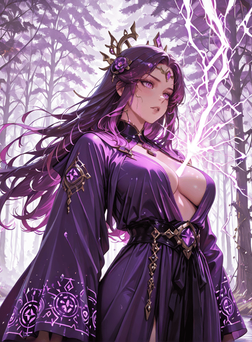 witch, forest, lightning, woman, dress, flowers, trees