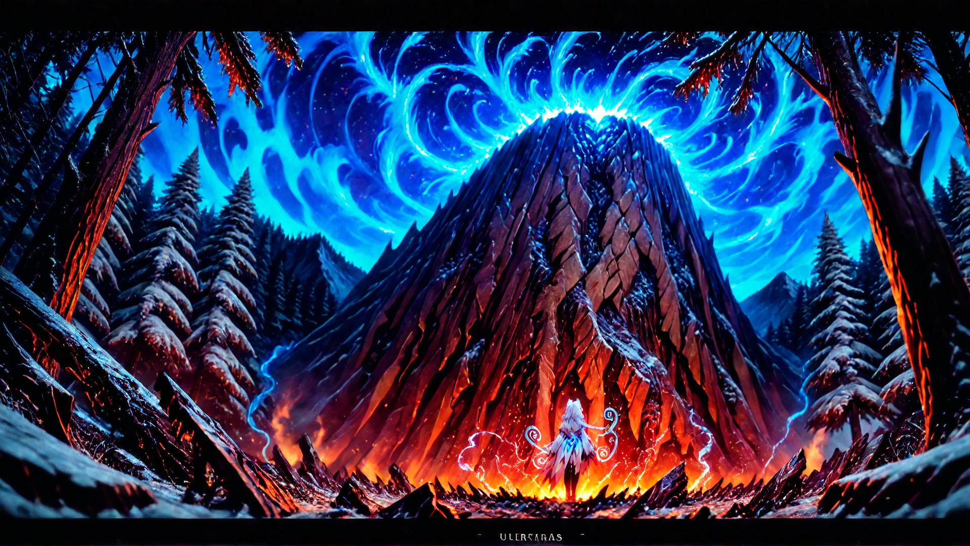 AI generated wallpaper featuring mountain, forest, character, aurora
