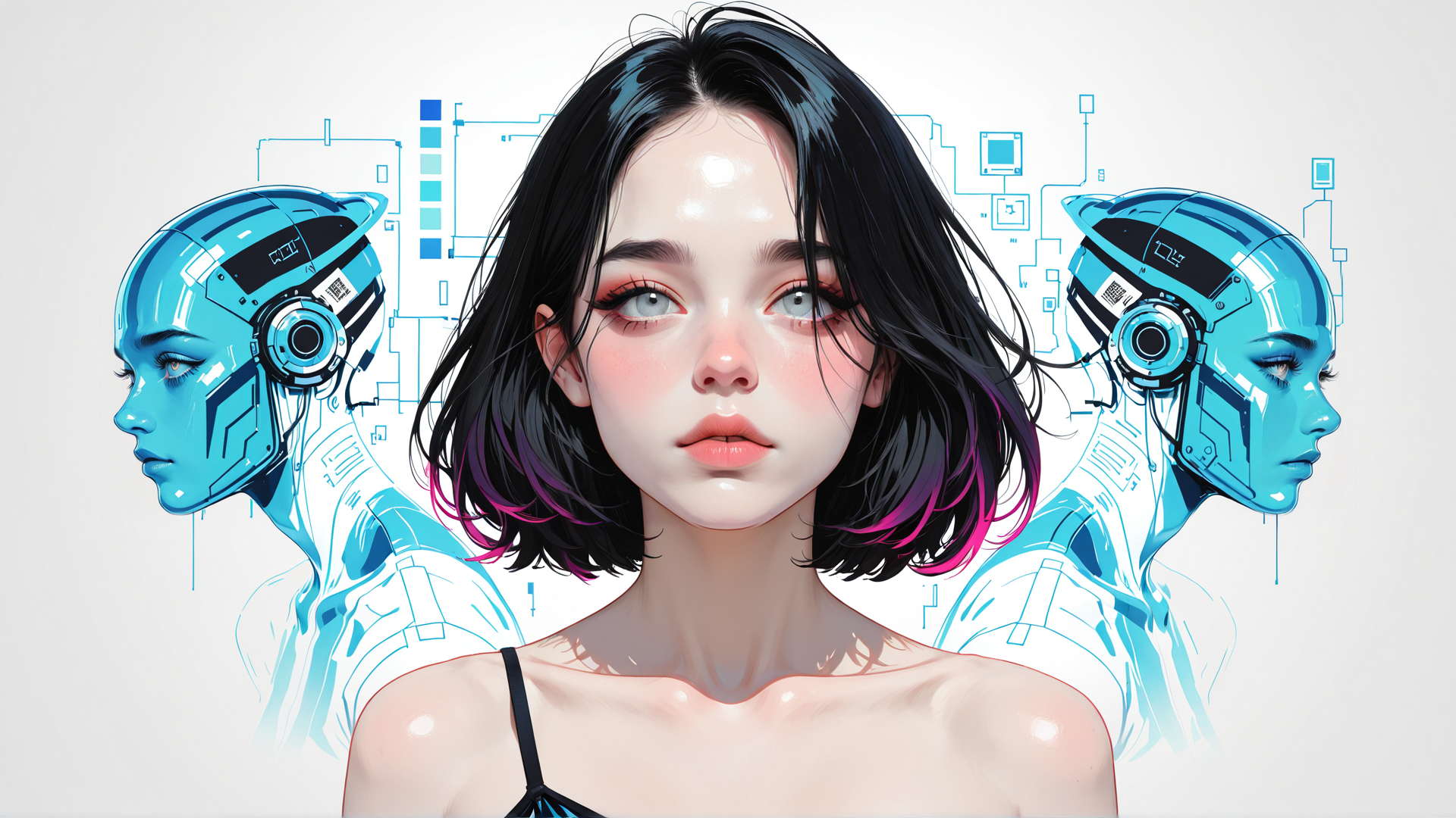 AI generated wallpaper featuring woman, robot, circuit
