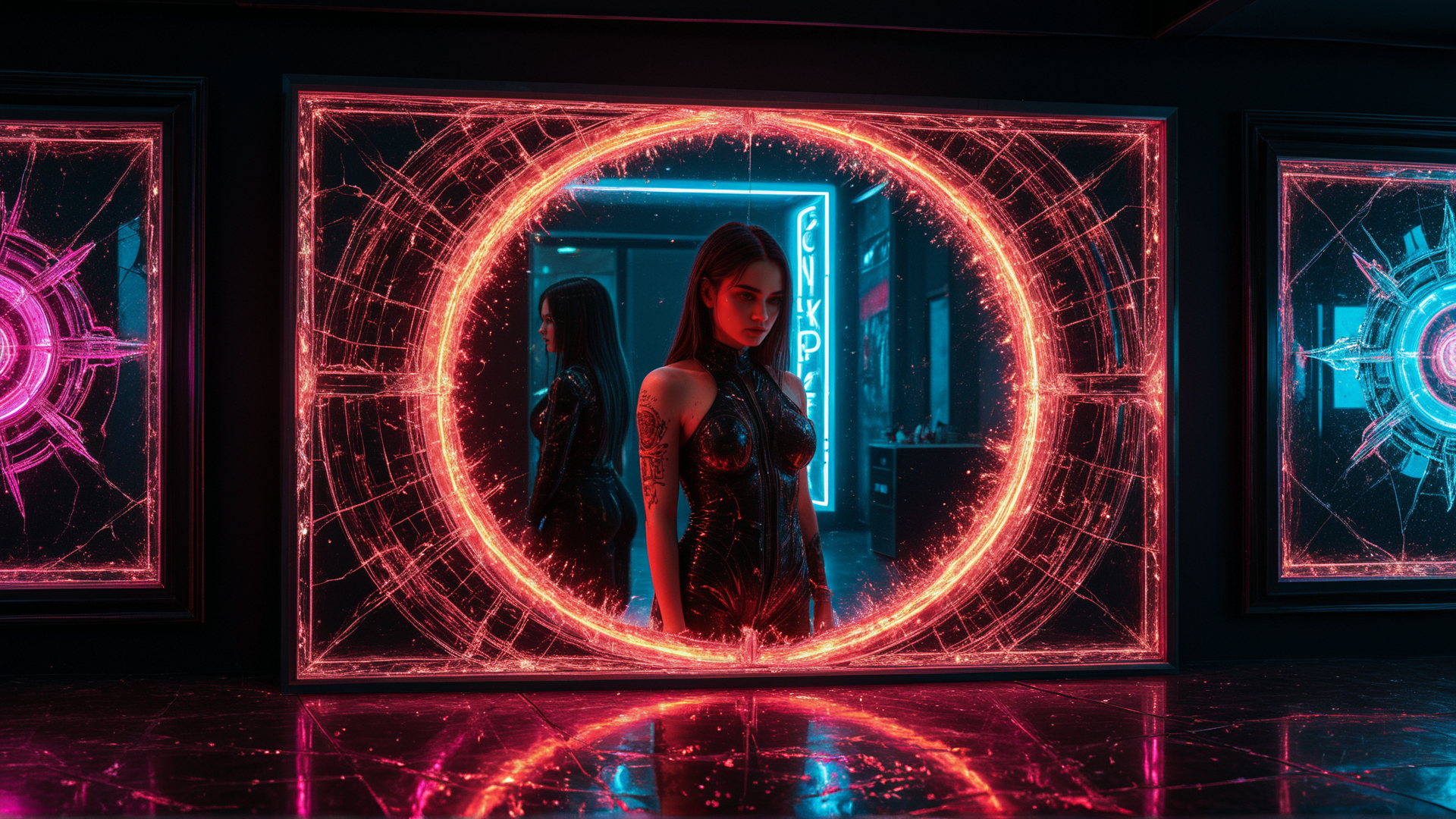 AI generated wallpaper featuring woman, neon, mirror, art, frame, tattoo