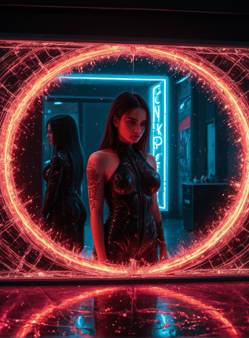 woman, neon, mirror, art, frame, tattoo