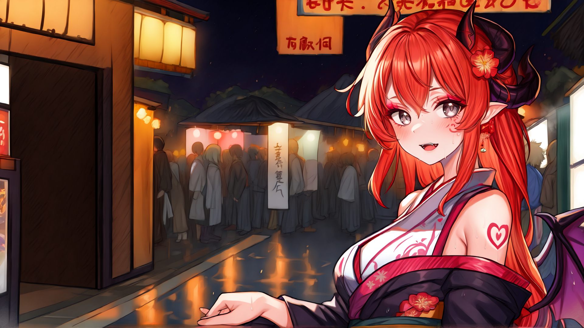 AI generated wallpaper featuring girl, demon, anime, red hair, traditional dress, street, signboard, crowd, heart tattoo, fountain