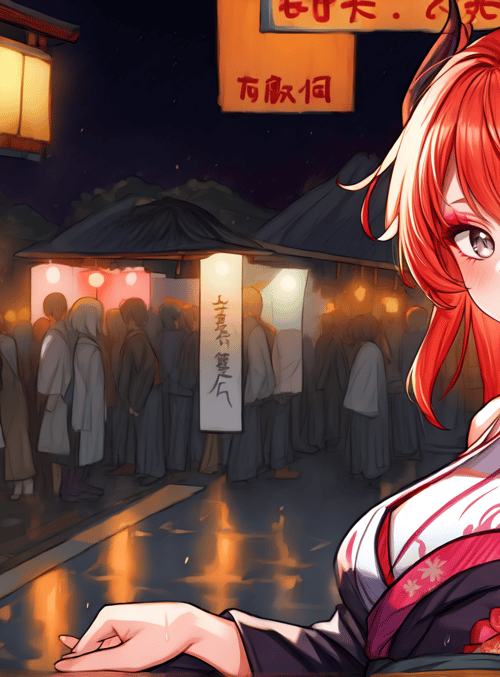 girl, demon, anime, red hair, traditional dress, street, signboard, crowd, heart tattoo, fountain
