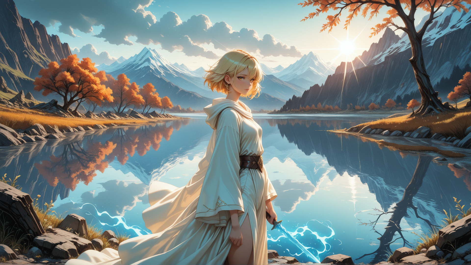 AI generated wallpaper featuring woman, sword, lake, mountain, tree, sun, cloud, grass, rock, river