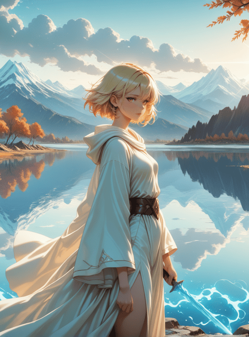 woman, sword, lake, mountain, tree, sun, cloud, grass, rock, river