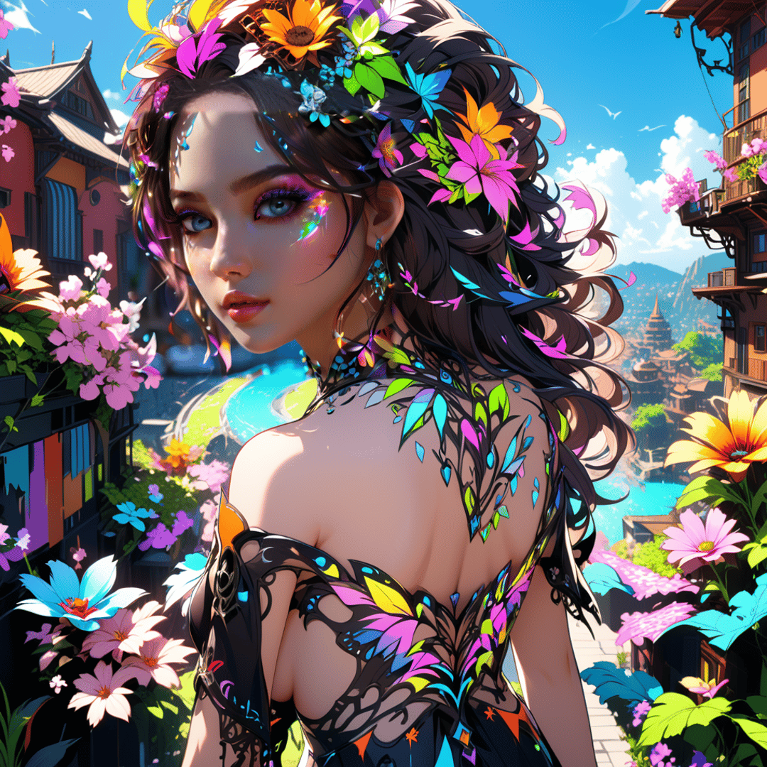 AI generated wallpaper featuring woman, flowers, butterfly