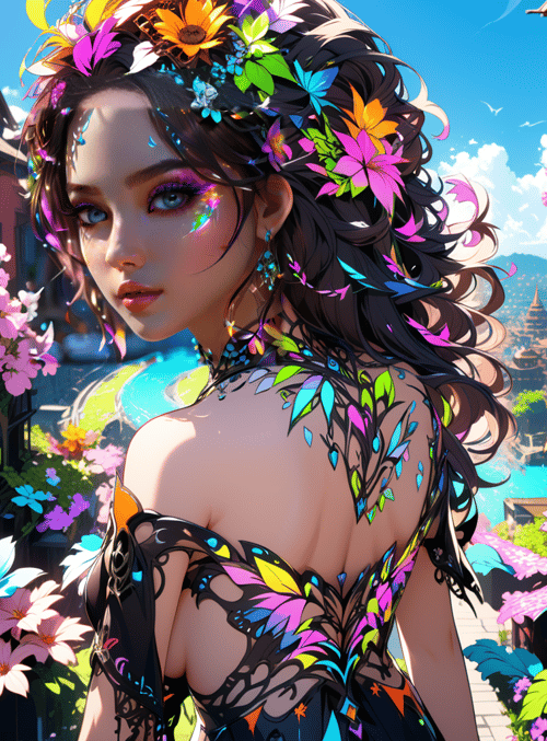 woman, flowers, butterfly