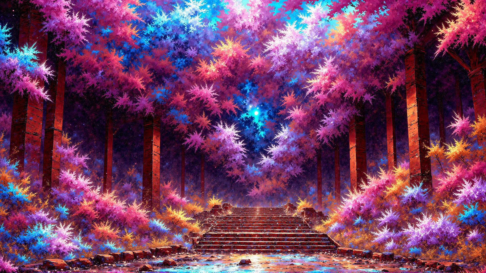 AI generated wallpaper featuring staircase, trees, forest, ruins, water, columns