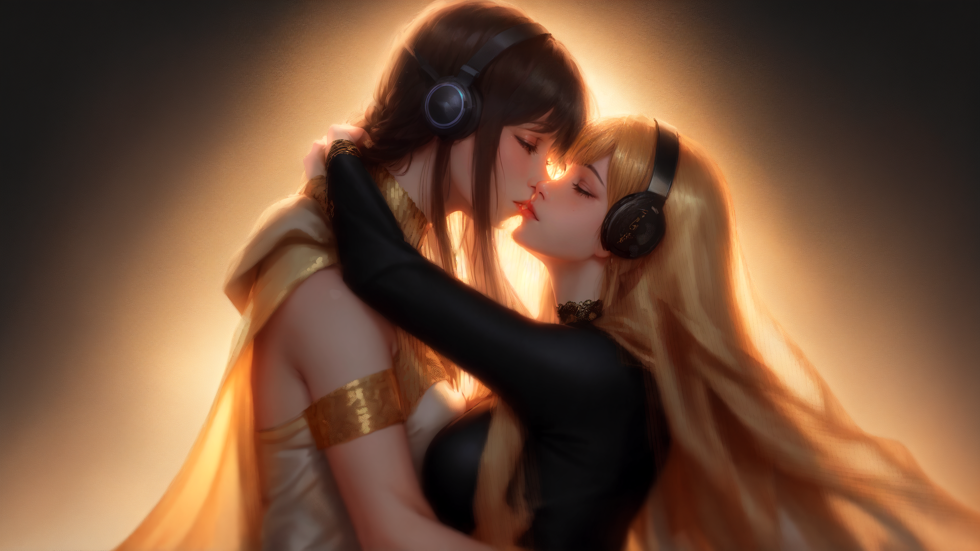 AI generated wallpaper featuring girls, headphones, embrace