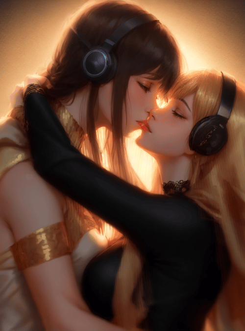 girls, headphones, embrace