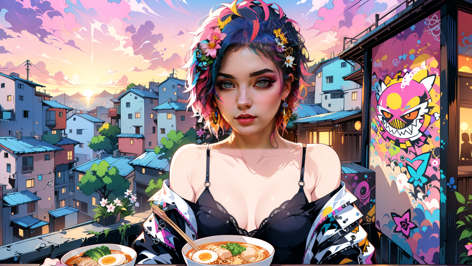 AI generated wallpaper featuring woman, ramen, street