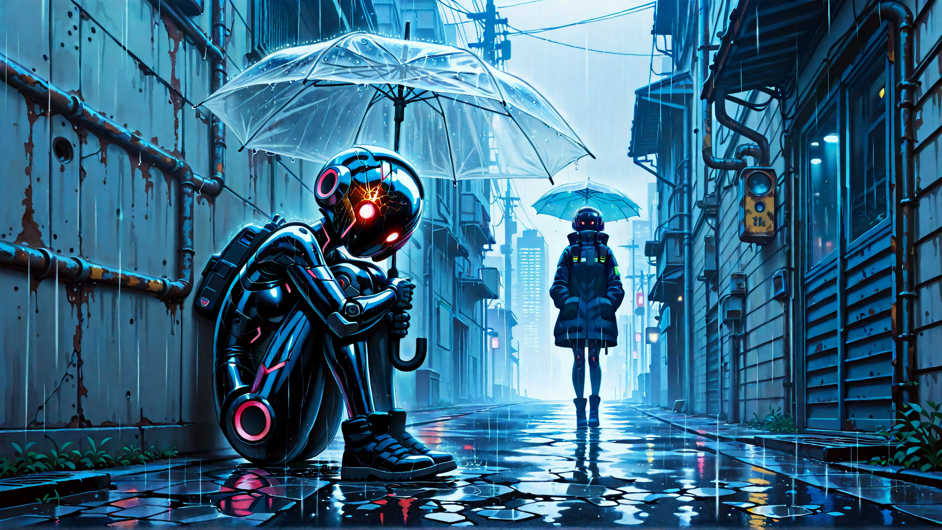 AI generated wallpaper featuring robot, umbrella, city, rain, person