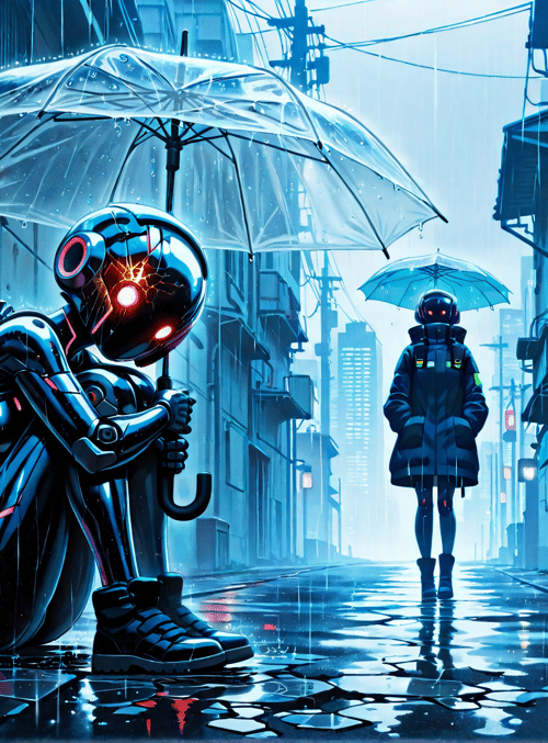 robot, umbrella, city, rain, person