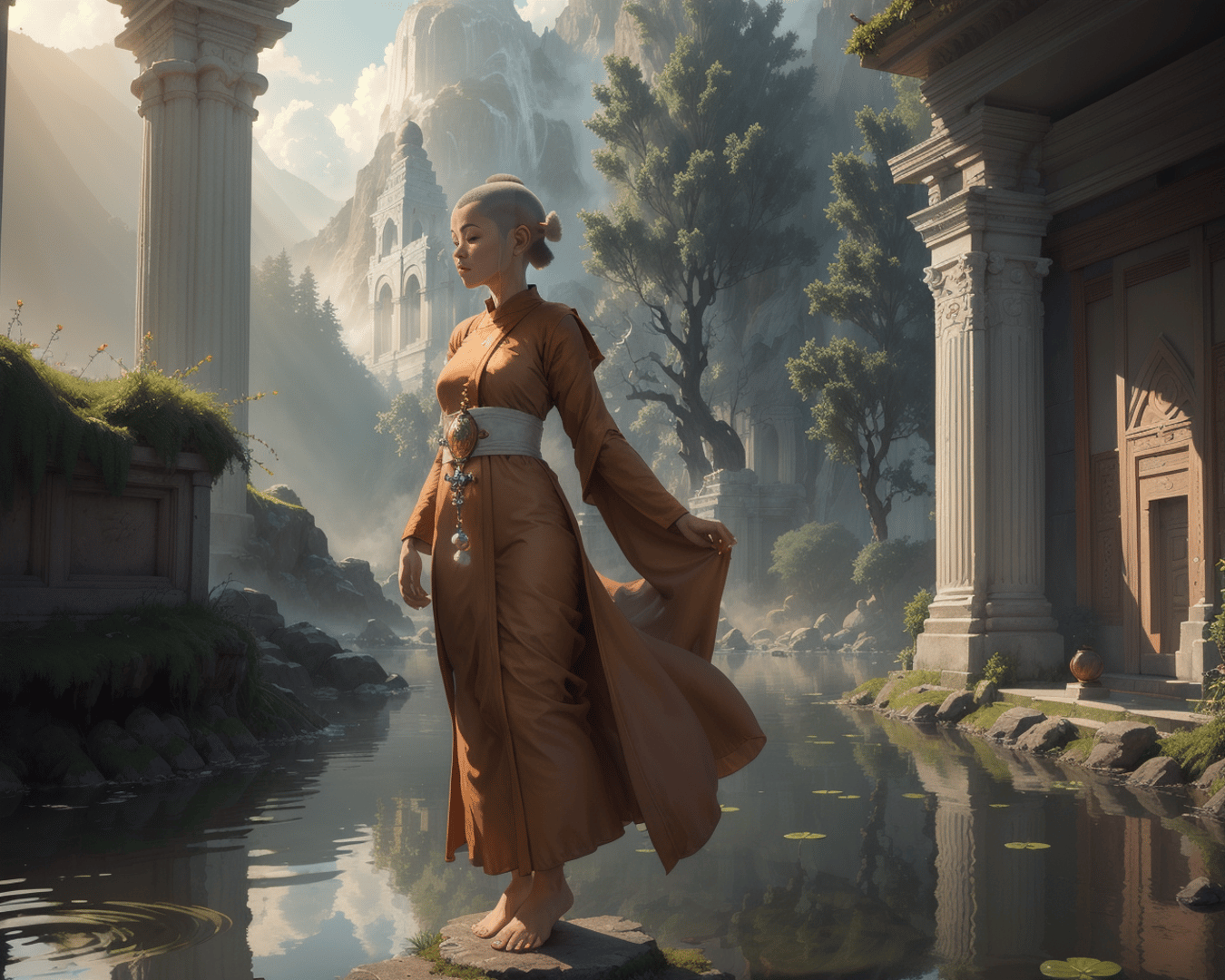 AI generated wallpaper featuring monk, ancient ruins, water