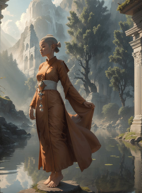 monk, ancient ruins, water